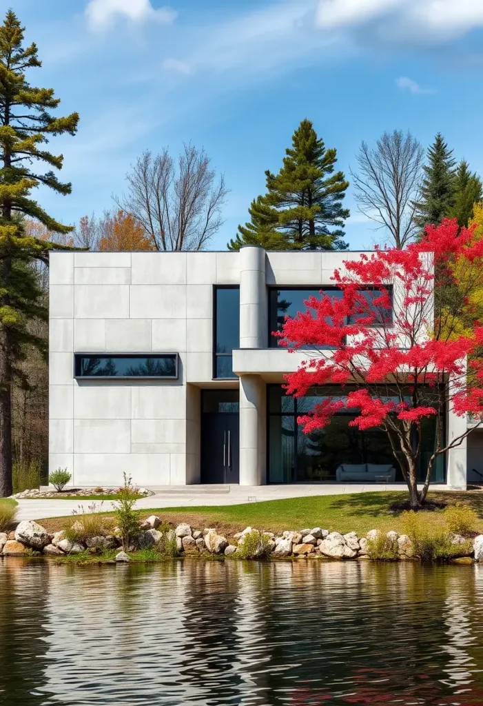 Modern brutalist house with a concrete facade, rectangular windows, vibrant red tree, and a serene waterfront.