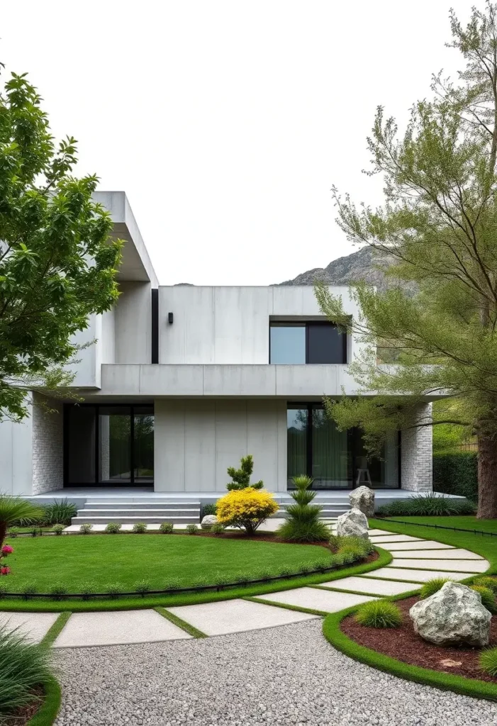 Modern brutalist house with a minimalist concrete facade, curved pathways, circular lawn, and Zen-inspired landscaping.