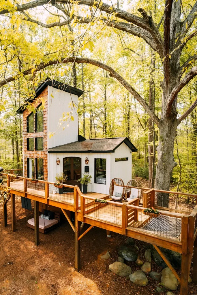 Modern cabin with an elevated deck, swing chairs, hammock, and surrounded by a forest canopy.