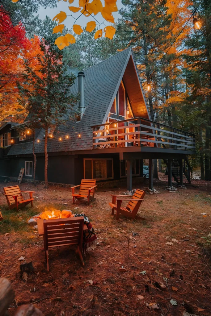 A-frame cabin with string lights, a fire pit, and Adirondack chairs surrounded by colorful autumn trees.