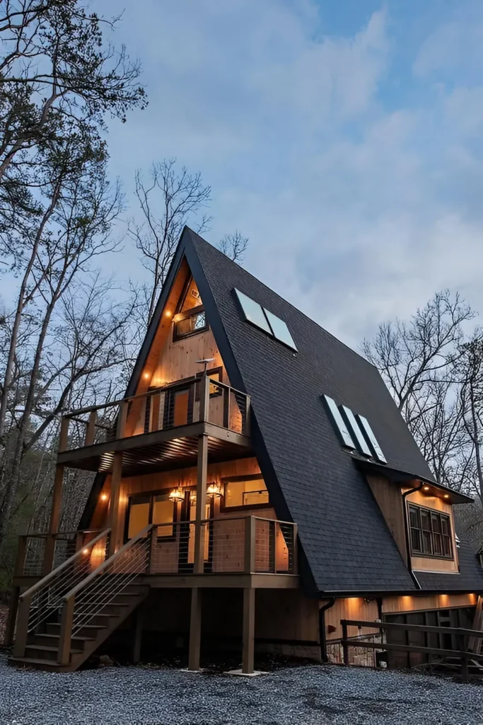 Modern A-frame cabin with multi-level decks, wood accents, and warm exterior lighting surrounded by bare trees.