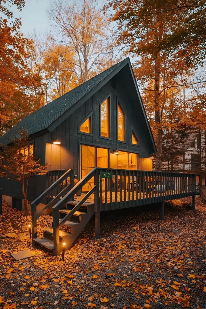 Cozy A-frame cabin with warm glowing interiors, surrounded by autumn leaves and a front deck.