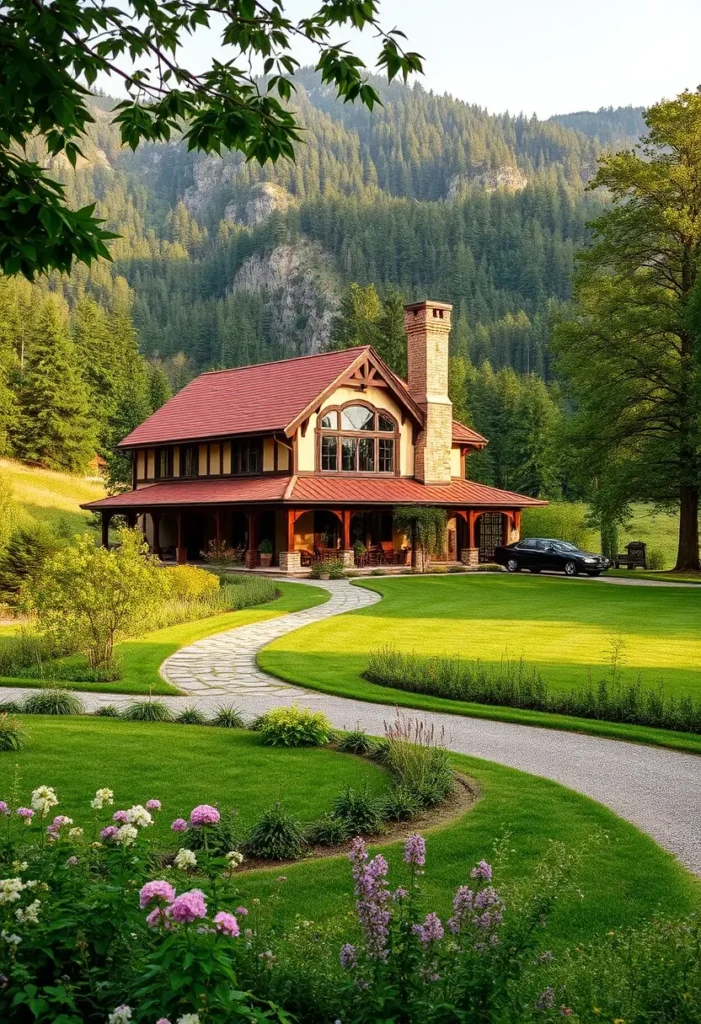 Modern country house with red gable roof, wraparound porch, and scenic mountain views surrounded by lush greenery.