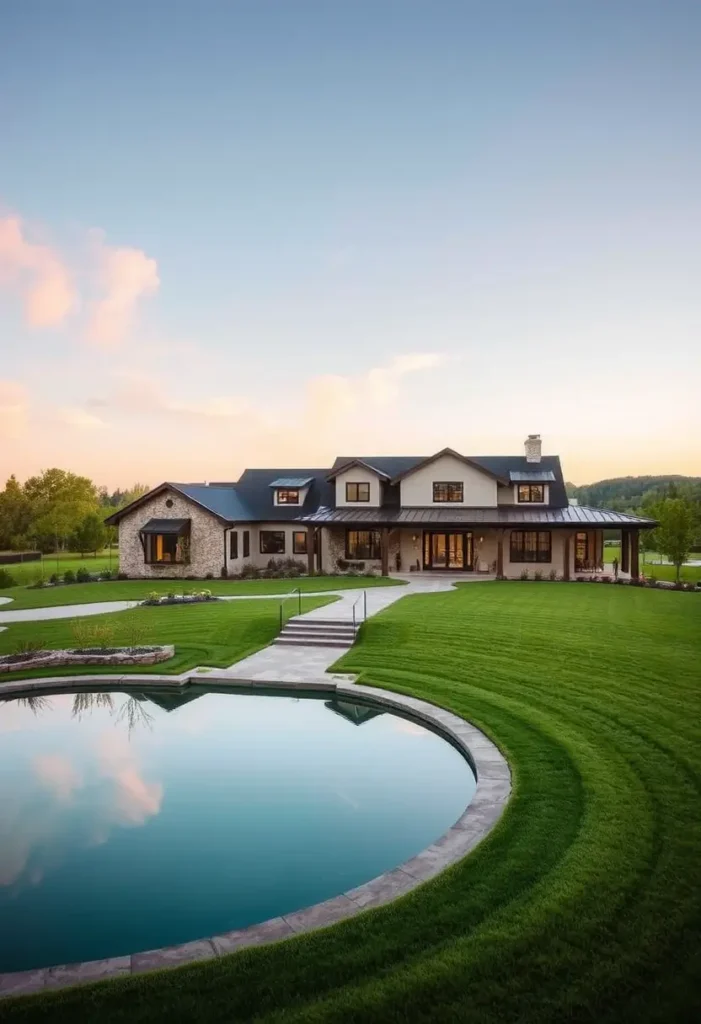 Modern country house with black roof, stone facade, reflecting pool, and lush green lawn under a serene evening sky.