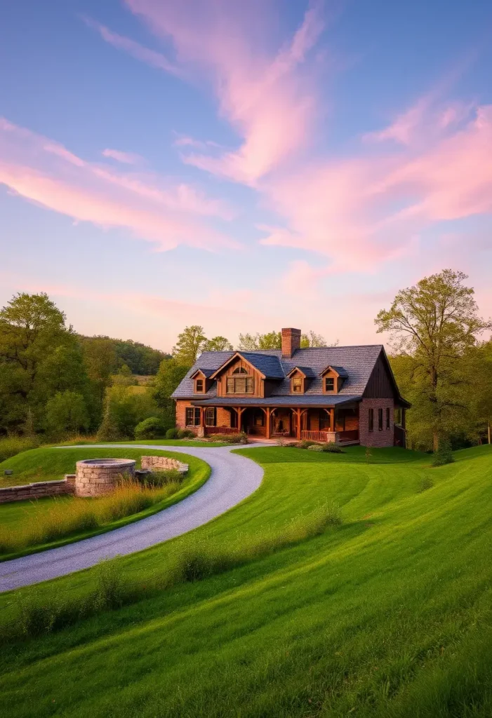 Rustic wooden country house with a gravel driveway, covered porch, and lush green surroundings under a pink evening sky.