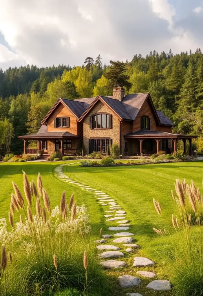 Modern country house with stone facade, wooden accents, winding stone pathway, and lush greenery surrounded by trees.