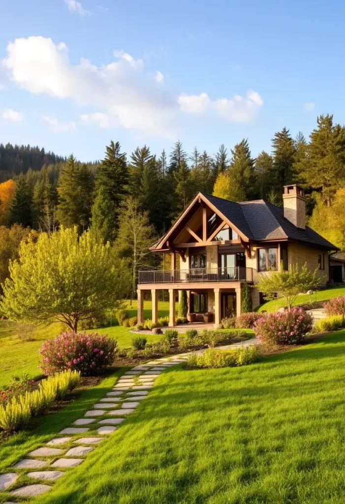 Modern country house with large balcony, expansive glass windows, stone pathway, and lush landscaping surrounded by trees.