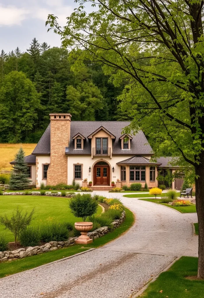 Modern country house with brick chimney, dormer windows, curved gravel driveway, and lush landscaping surrounded by trees.