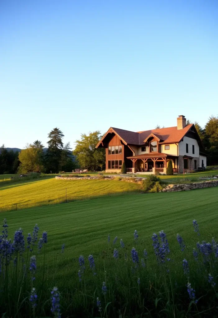 Rustic country house with timber and stone design, large windows, front porch, and vibrant green lawn against a peaceful countryside backdrop.