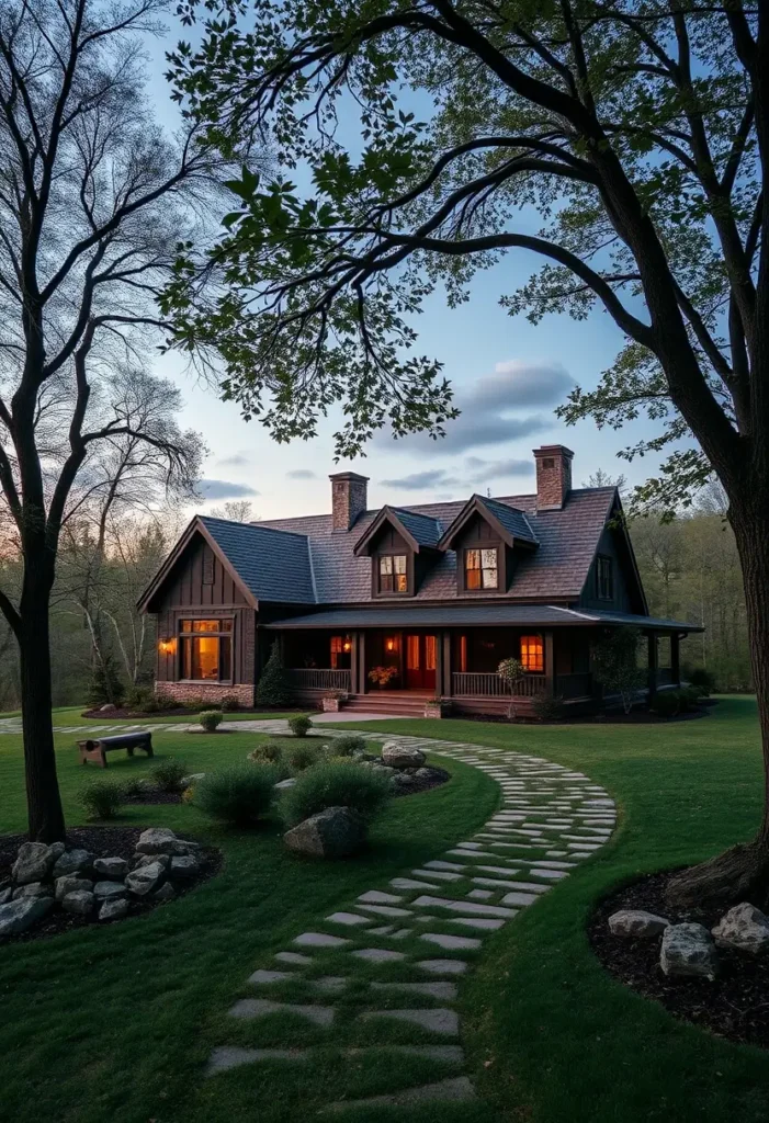 Modern country house with warm glowing lights, wraparound porch, stone pathway, and landscaped garden surrounded by trees during twilight.