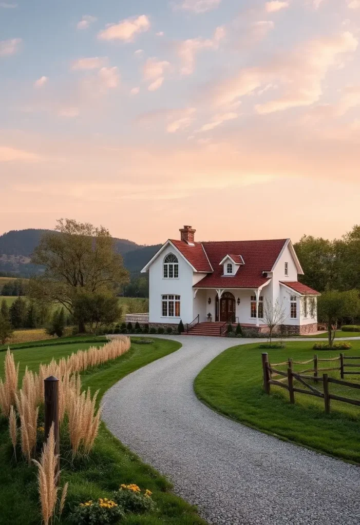 White country house with red roof, curved gravel driveway, wooden fence, and lush landscaping at sunset.