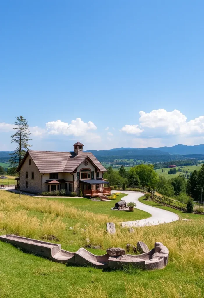 Modern country house with stone and wood accents, wooden deck, and panoramic countryside views under a clear blue sky.