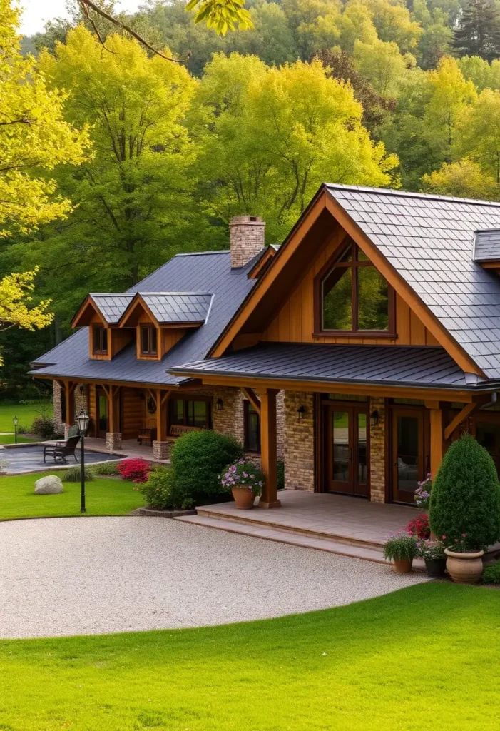 Modern country house with wooden facade, slate roof, inviting porch, stone details, and lush green surroundings.