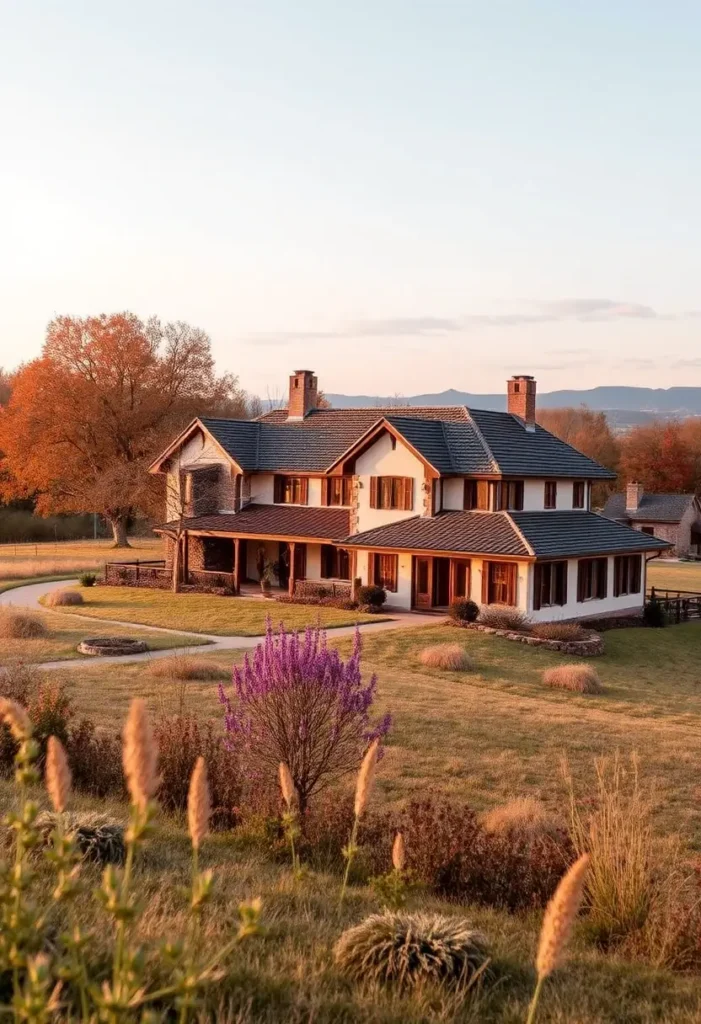 Elegant country house with gabled roof, wooden shutters, natural stone accents, and surrounding wildflowers at sunset.