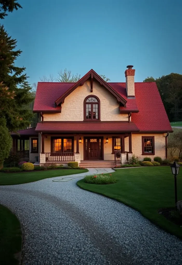 Charming country cottage with red gabled roof, arched window, warm glowing lights, and manicured lawn at twilight.