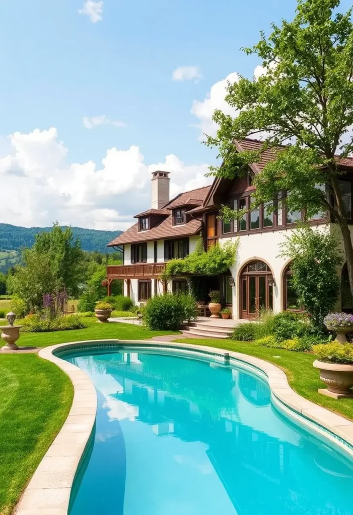 Modern country house with pool, arched windows, wooden balcony, and lush green surroundings under a bright blue sky.