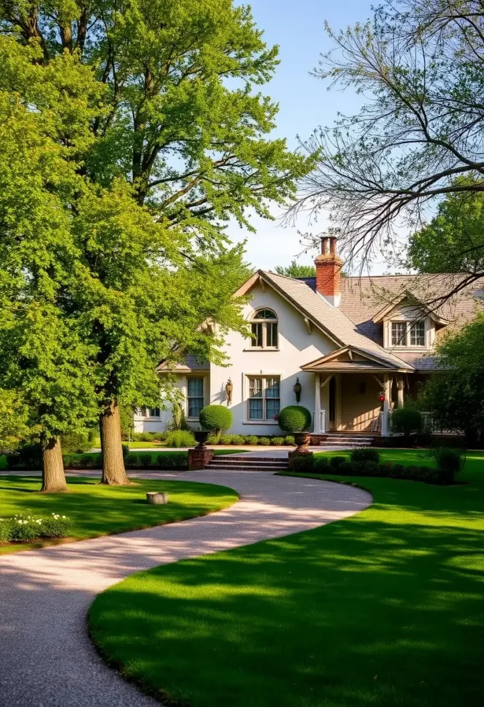 Classic country house with beige facade, arched windows, charming porch, and lush green surroundings with mature trees.