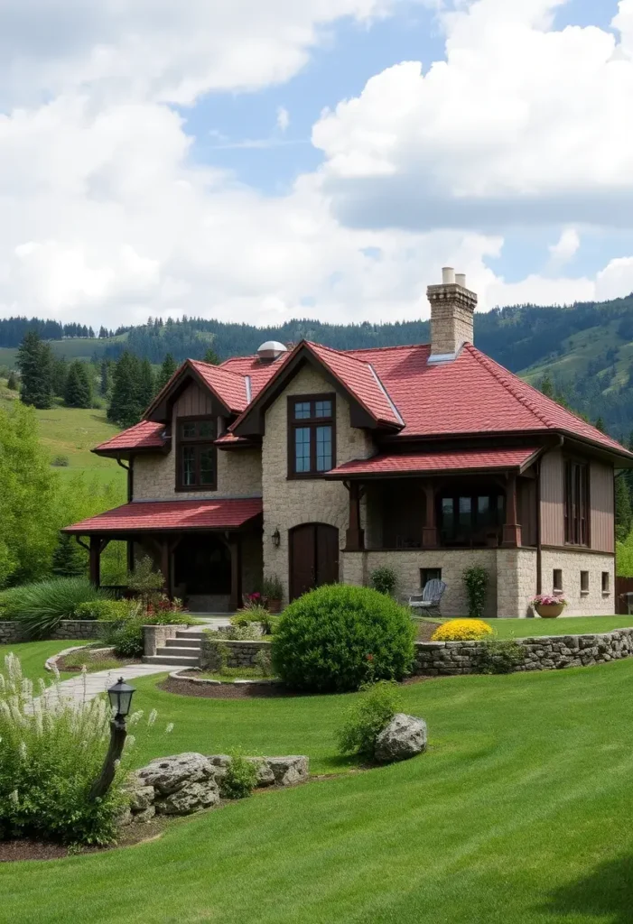 Stone country cottage with red roof, wooden accents, lush gardens, and rolling hills in the background under a blue sky.