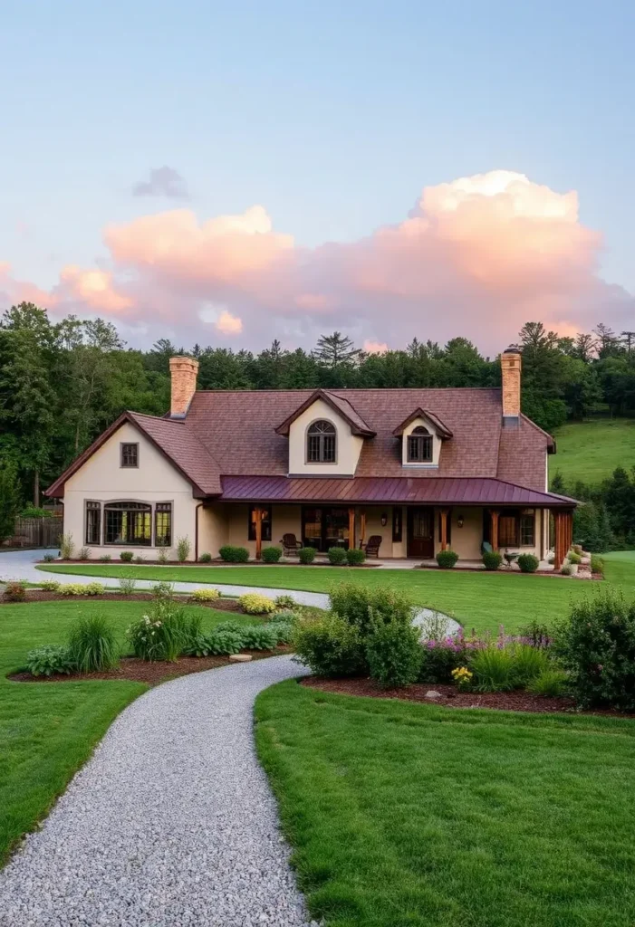 Modern country house with cream facade, gabled roof, wraparound porch, and lush gardens under a pink sunset sky.