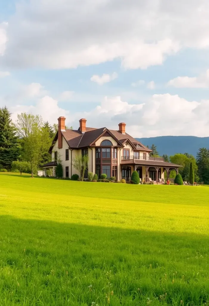 Grand country estate with arched windows, brick chimneys, wraparound porch, and expansive green meadows under a bright sky.