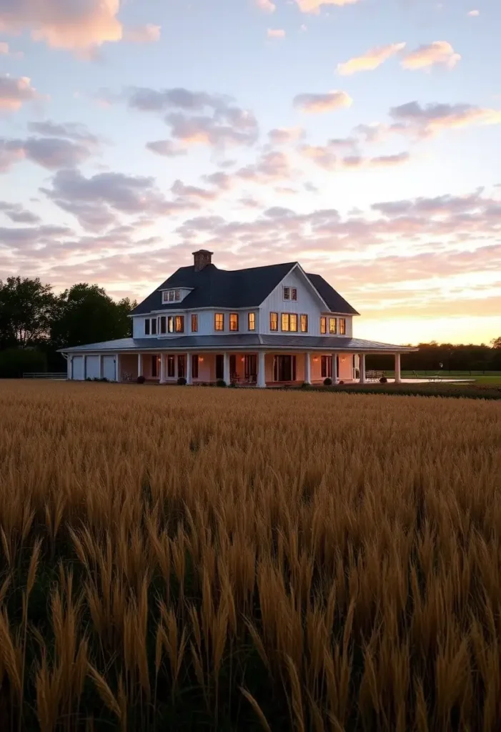 Classic white farmhouse with glowing windows, surrounded by golden wheat fields and a vibrant sunset sky.