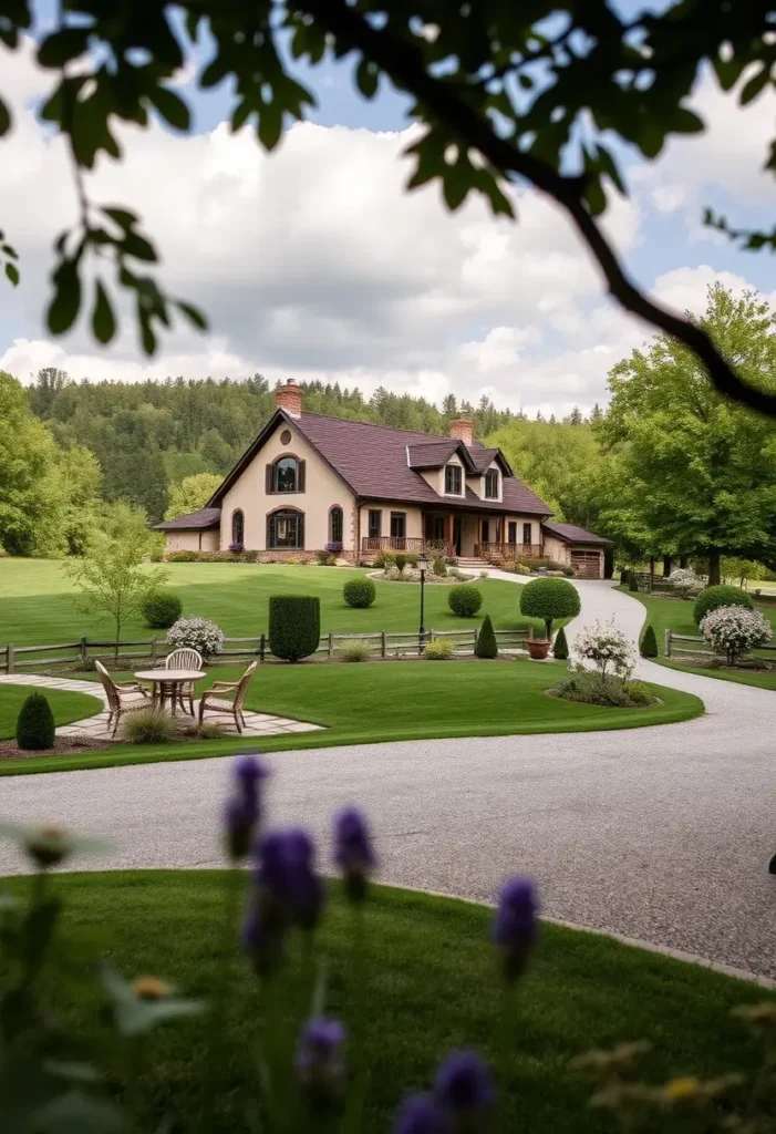 Elegant country house with arched windows, warm-toned roof, manicured gardens, and outdoor patio seating, framed by lush greenery.