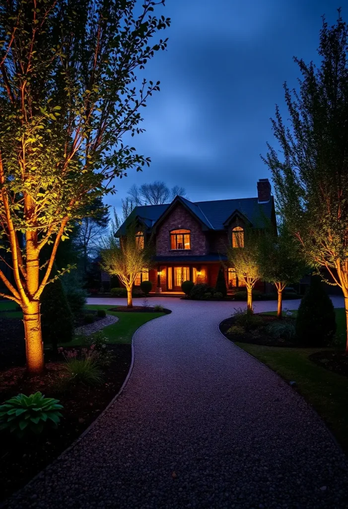 Brick country house with glowing windows, illuminated trees, and a curved driveway surrounded by landscaped greenery at night.