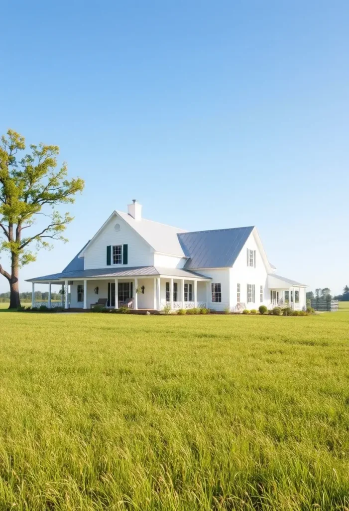 White farmhouse with wraparound porch, metal roof, and expansive green meadow under a clear blue sky.