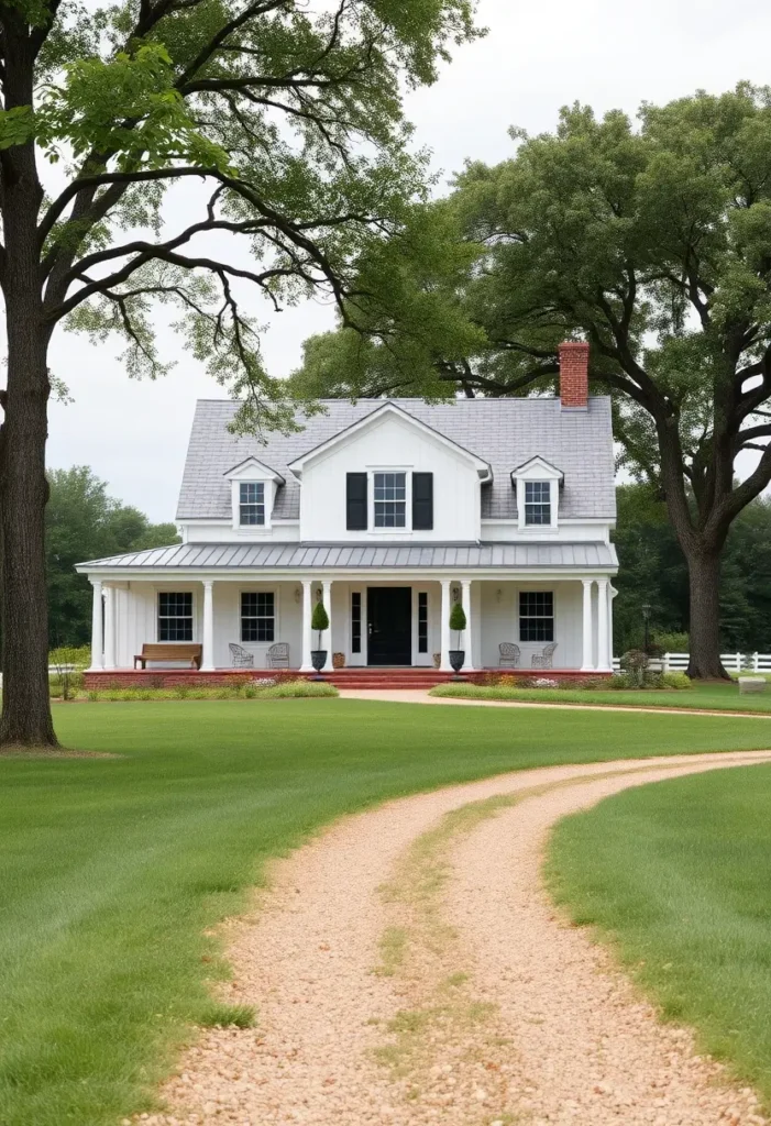 Classic white farmhouse with black shutters, wraparound porch, gravel driveway, and large trees surrounding the property.