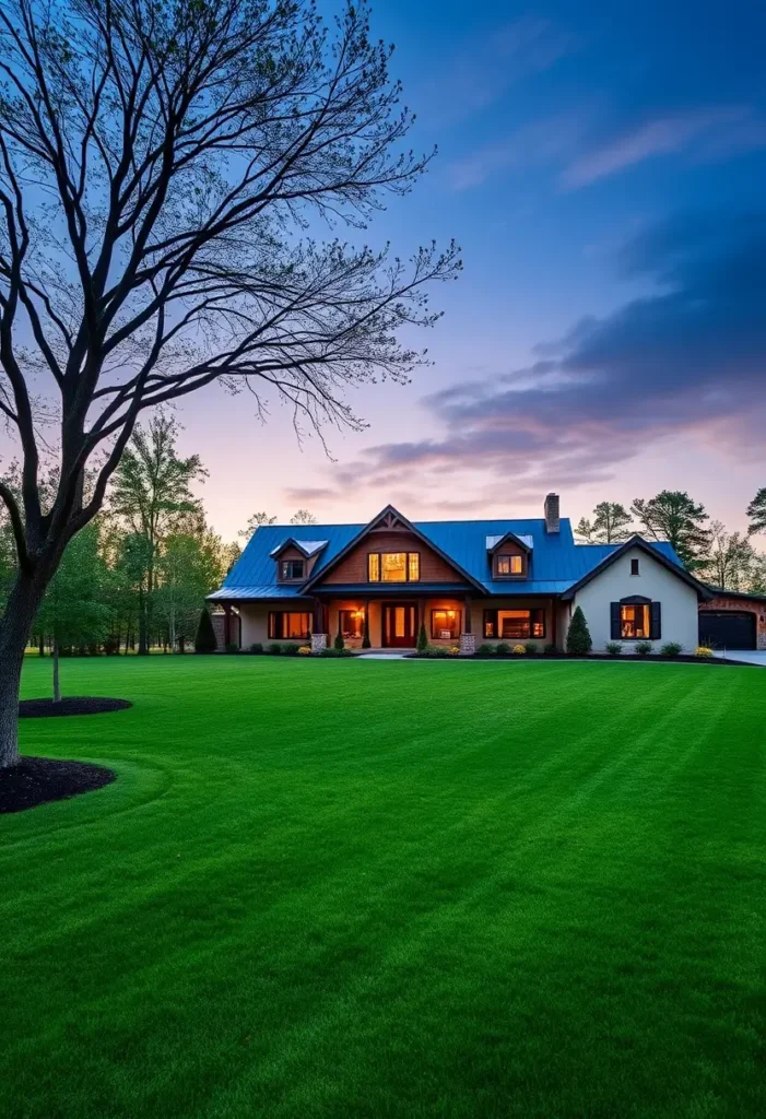 Modern country home with metal roof, warm wooden accents, glowing windows, and a vibrant twilight sky above a green lawn.