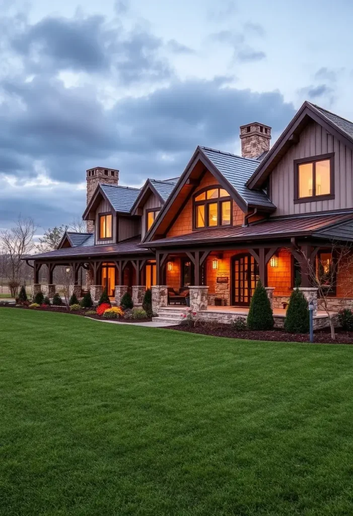 Rustic modern home with timber beams, stone accents, a wide porch, and glowing windows set against a manicured lawn and evening sky.