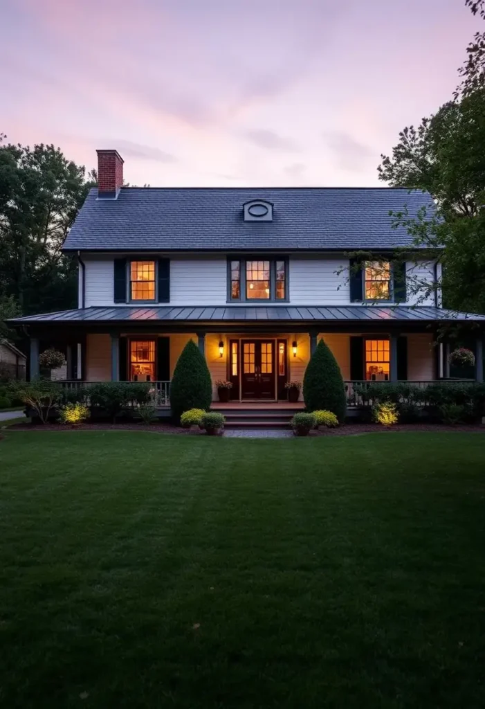 Colonial-style white house with dark shutters, a wide front porch, glowing interior windows, and manicured landscaping under a twilight sky.