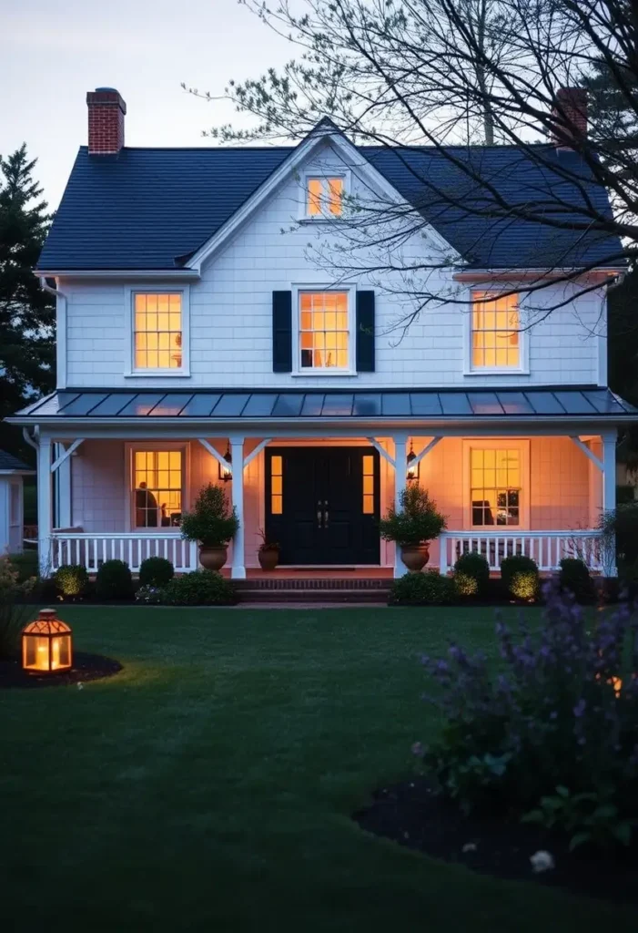 White country house with navy shutters, glowing interior lights, and a welcoming porch surrounded by soft lantern lighting at dusk.