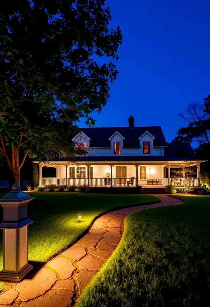 Country house with wraparound porch, warm lighting, and a stone path under a deep blue evening sky. Modern Country Houses