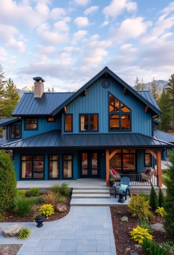 Deep-blue modern farmhouse with black metal roof, wood accents, and lush landscaping.