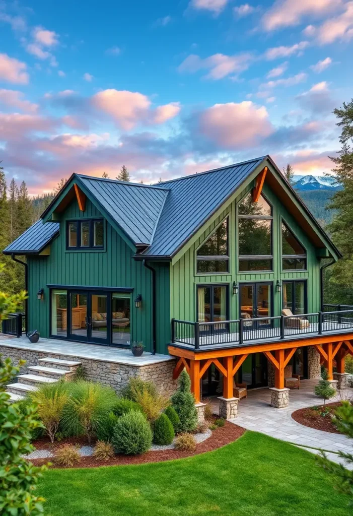 Green modern farmhouse with black metal roof, stone foundation, and large windows surrounded by lush greenery.