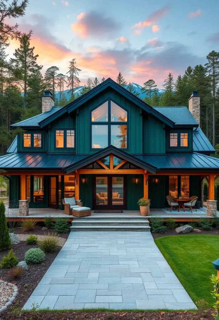 Dark green modern farmhouse with wood beams, black roof, and large windows surrounded by lush landscaping.