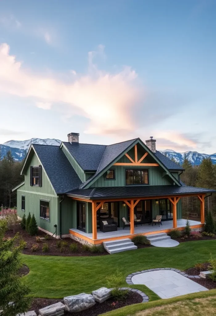 Green modern farmhouse with black roof, wood accents, wraparound porch, and mountain views.