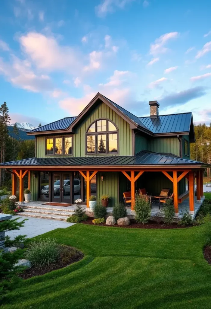 Green modern farmhouse with arched window, black roof, wood beams, and wraparound porch.