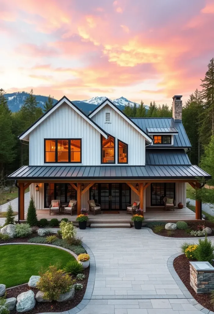 White farmhouse exterior with black roof, wood beams, and a welcoming front porch surrounded by lush landscaping.