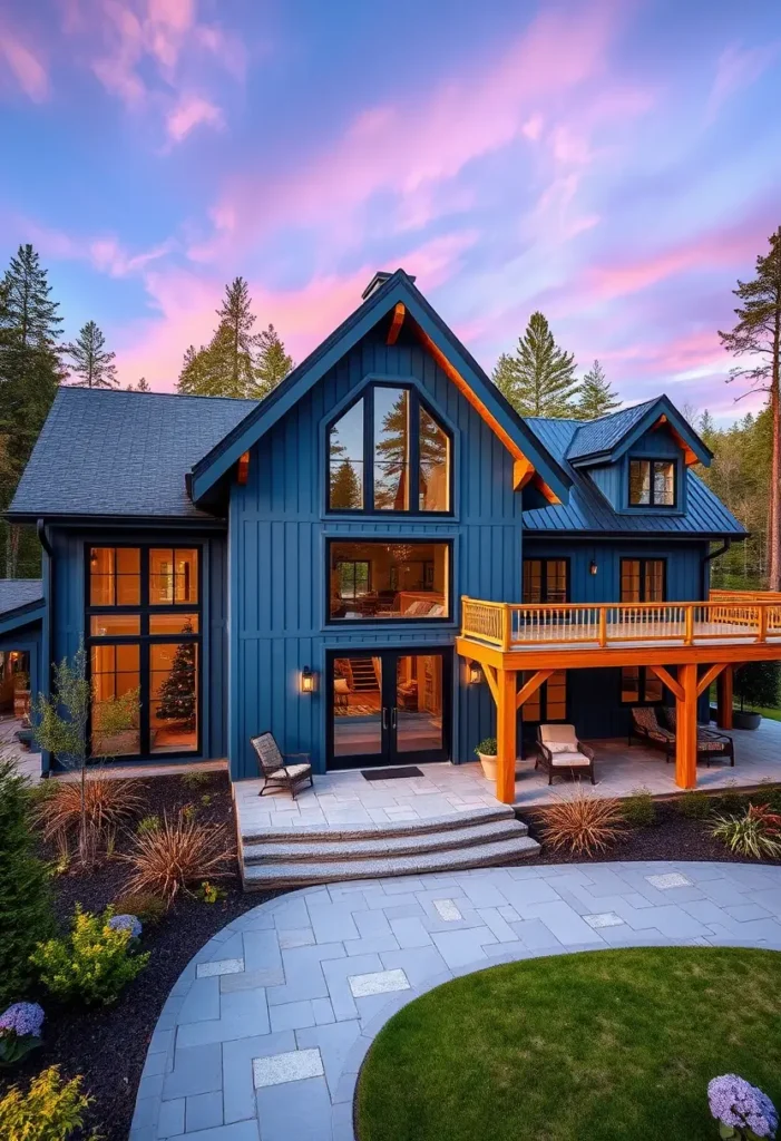 Blue modern farmhouse with wood accents, large windows, and a balcony, surrounded by landscaped greenery.