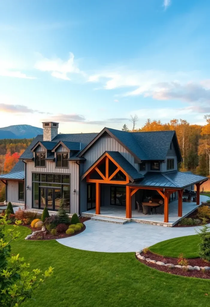 Gray farmhouse with wood trusses, black roof, large windows, and wraparound porch surrounded by autumn scenery.