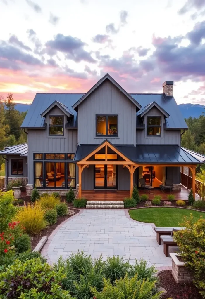 Gray farmhouse with black roof, wood accents, large windows, and a landscaped front yard.