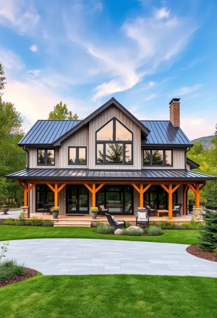 Modern farmhouse with neutral tones, black metal roof, wood beams, and wraparound porch in a lush green setting.