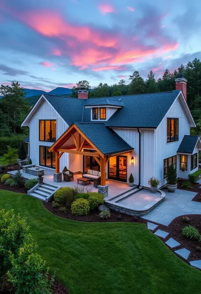 White farmhouse with wooden trusses, stone pillars, and large windows, surrounded by a landscaped yard.