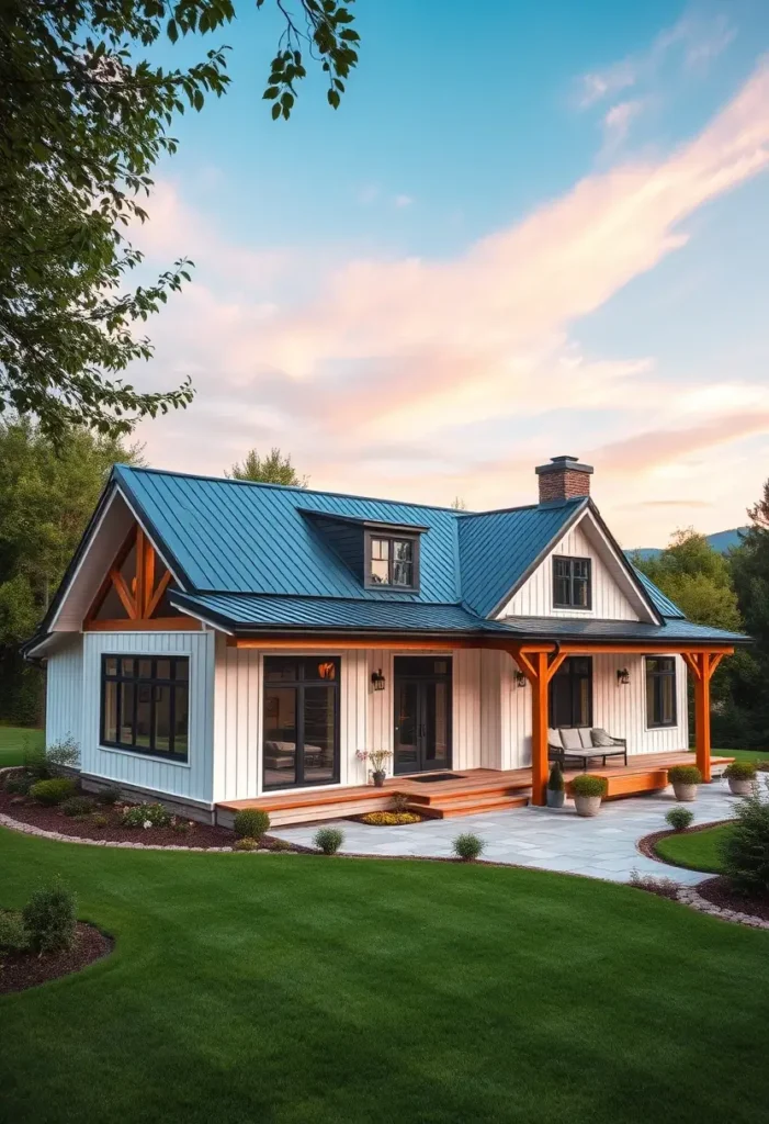 White cottage-style farmhouse with metal roof, wood accents, and a cozy porch surrounded by greenery.