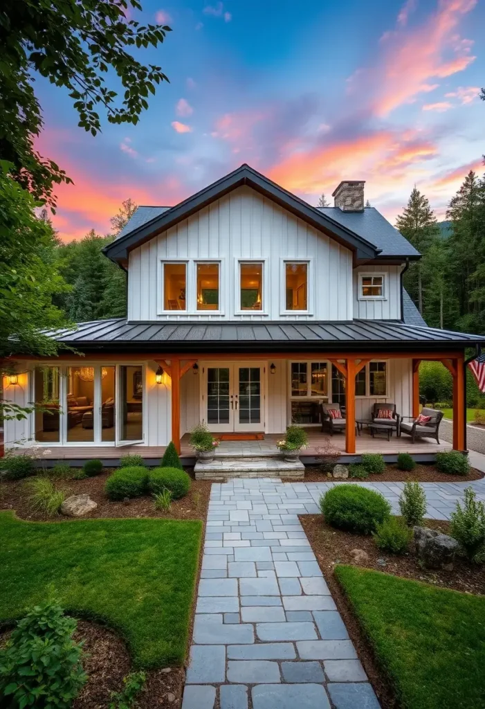 White farmhouse with black roof, wood accents, front porch, and stone walkway surrounded by greenery.