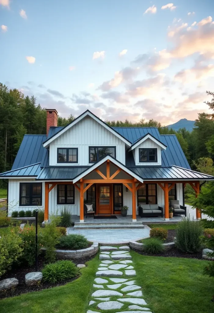 White farmhouse with black metal roof, wood accents, front porch, and stone pathway surrounded by lush landscaping.