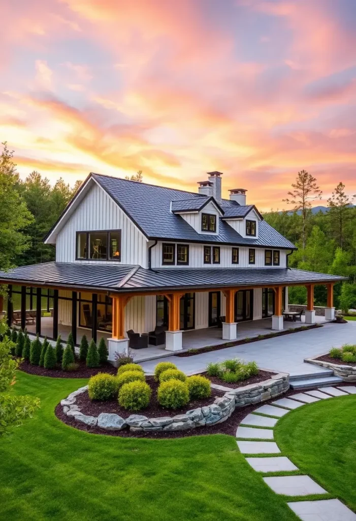 White farmhouse with dark roof, wood columns, wraparound porch, and landscaped yard at sunset.