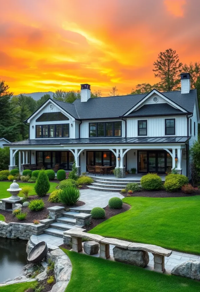 White farmhouse with a dark roof, wraparound porch, and manicured landscaping featuring curved staircases and a water feature.